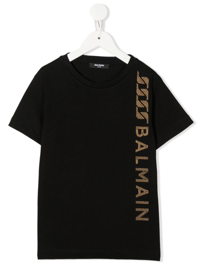 Balmain Black T-shirt Forr Kids With Studded Logo In Or