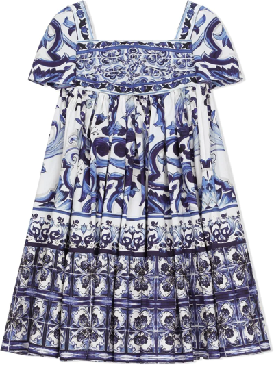 Dolce & Gabbana Kids' Long Majolica-print Poplin Dress In Gnawed Blue