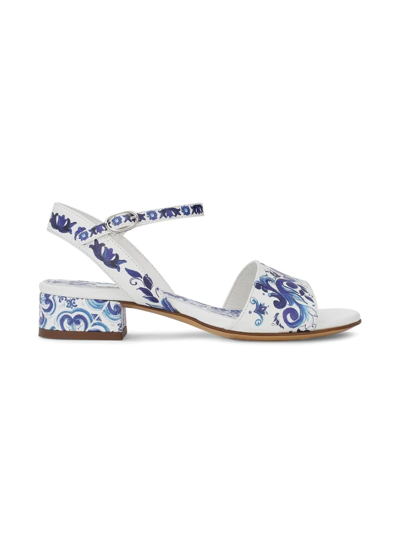 Dolce & Gabbana Kids White Printed Leather Sandals (it30-it34) In Blue