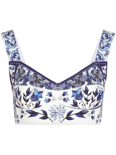 Dolce & Gabbana Majolica-print Charmeuse Top In Blue