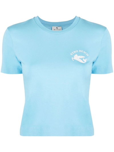 Etro Liquid Paisley Beach Cropped T-shirt In Blue