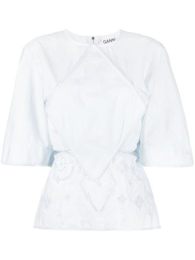 Ganni Short Sleeve Broderie Anglaise Blouse In Illusion Blue
