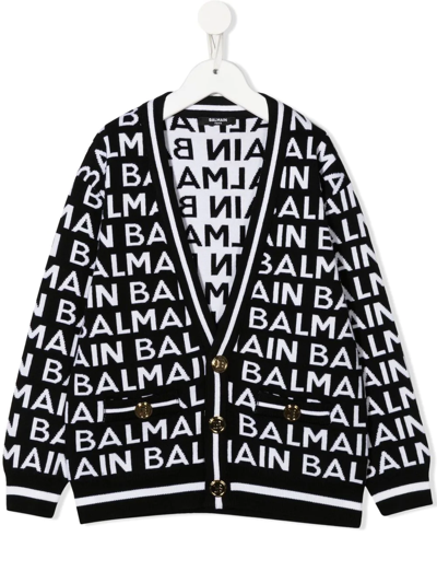 Balmain Logo-knit Wool Cardigan In Nero-bianco