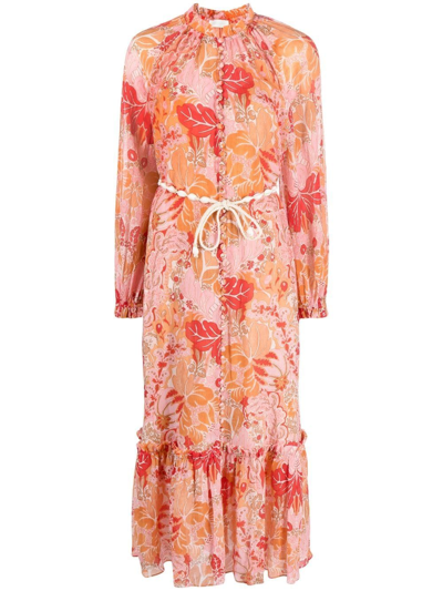 Zimmermann + Net Sustain Pattie Belted Floral-print Cotton And Silk-blend Crepon Maxi Dress In Red