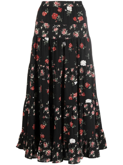 See By Chloé Juliette Tiered Floral-print Recycled Crepe De Chine Midi Skirt In Black
