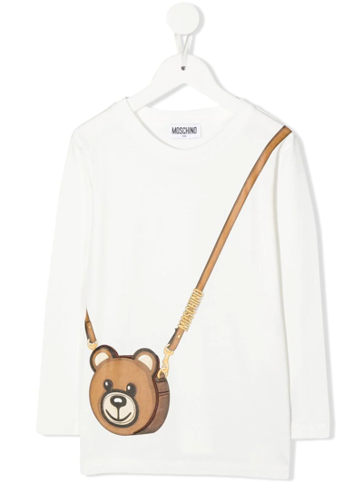 Moschino Kids White Teddy Bag T-shirt With Long Sleeve In Bianco