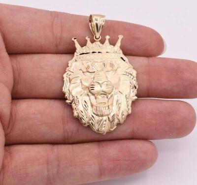 Pre-owned Bayam Men's 2" Diamond Cut Roaring Lion Head Charm Pendant Real Solid 10k Yellow Gold