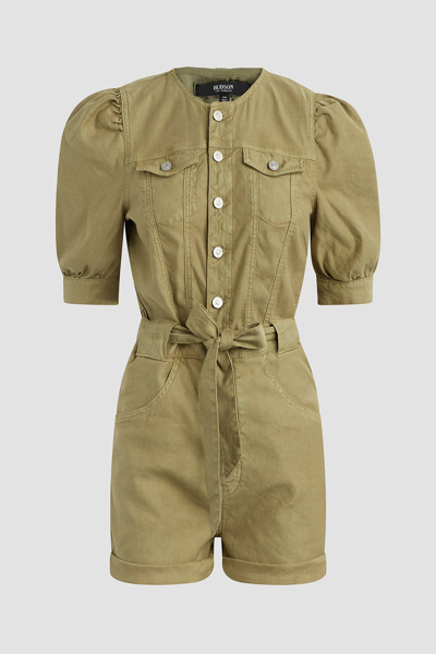 Hudson Puff-sleeve Button-front Romper In Green