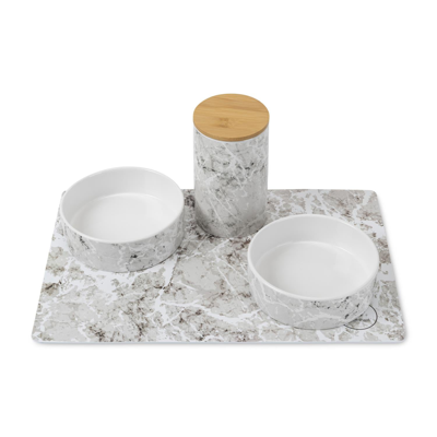 Park Life Designs Berlin 4 Piece Set- Treat Jar, Placemat And Bowls In Marble