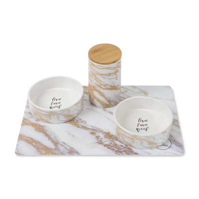 Park Life Designs Daze 4 Piece Set- Treat Jar, Placemat And Bowls In Gold/white