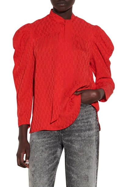 Sandro Rayani Pussy-bow Satin-jacquard Blouse In Red
