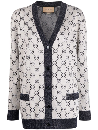 Gucci Gg Intarsia Metallic-trimmed Cotton-blend Cardigan In White