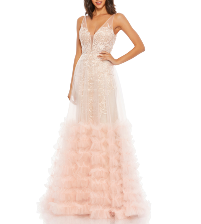 Mac Duggal Lace Ruffle Tiered Sleeveless Plunge Neck Gown In Peach