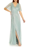 Adrianna Papell Metallic Mesh Drape A-line Gown In Sea Glass