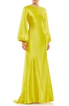 Mac Duggal Long Sleeve Satin Sheath Gown In Chartreuse