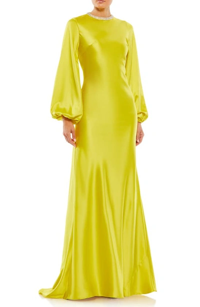 Mac Duggal Long Sleeve Satin Sheath Gown In Chartreuse