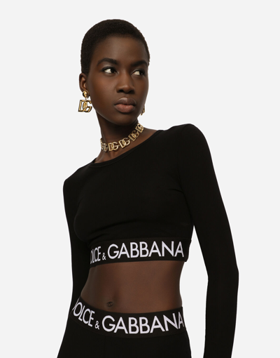Dolce & Gabbana Branded Elastic Long-sleeve Crop Top In Black