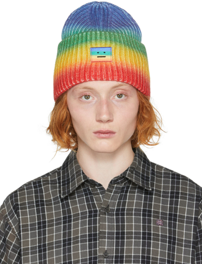 Acne Studios Pansy Face Patch Wool Beanie Hat In Coral Red & Green