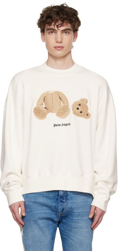 Palm Angels Bear Embroidered Boxy-fit Cotton-jersey Sweatshirt In White
