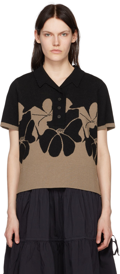 Ymc You Must Create Floral Short-sleeve Polo Knit Top In 01-black-brown