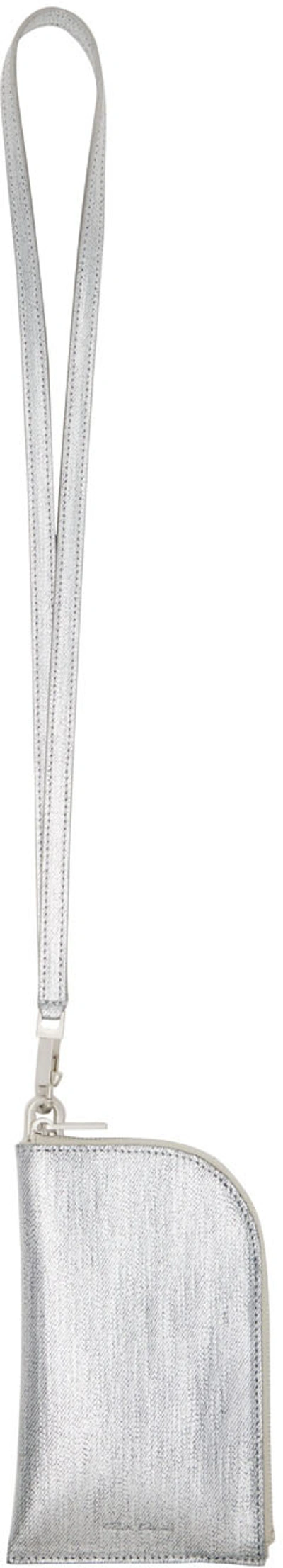 Rick Owens Engraved Logo Denim Neck Wallet In Silver