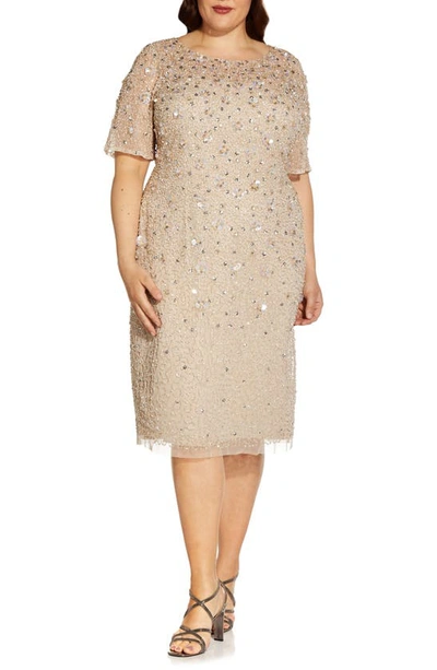 Adrianna Papell Plus Size Embellished Sheath Dress In Biscotti Beige