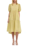 English Factory Plaid Tiered Ruffle Cotton Blend Dress In Lime