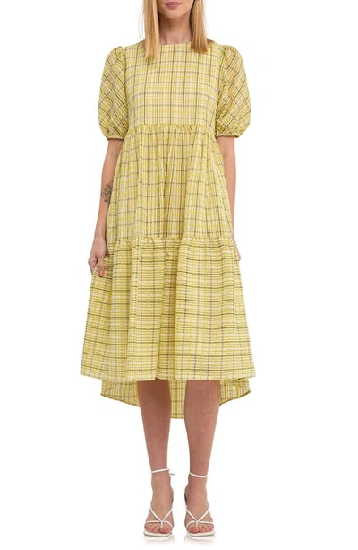 English Factory Plaid Tiered Ruffle Cotton Blend Dress In Lime