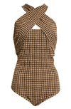 Nanushka Rana Check Seersucker Recycled Polyester Blend Bodysuit In Dark Brown/black Check