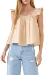 English Factory Square Neckline Ruffle Detail Top In Beige