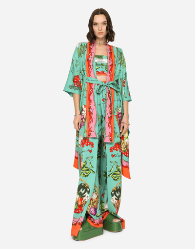 Dolce & Gabbana Vegetable-print Charmeuse Kimono In Multicolor