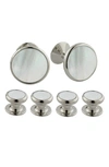 David Donahue Mother Of Pearl Inlay Stud & Cufflink Set In White Brass/m.o.p