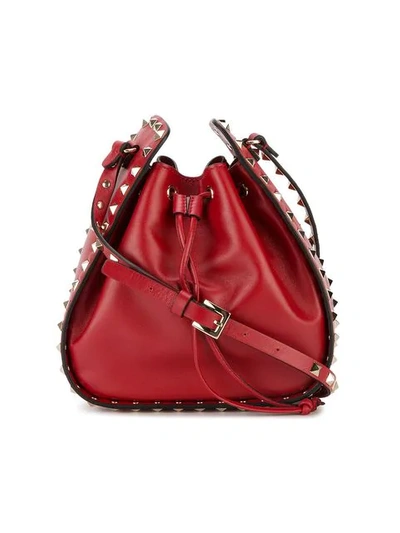 Valentino Garavani Red Rockstud Leather Bucket Bag In Black