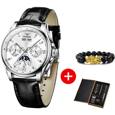 Pre-owned Oupinke Men Mechanical Watch Luxury Automatic Watch Leather Sapphire Waterproof In Siliver