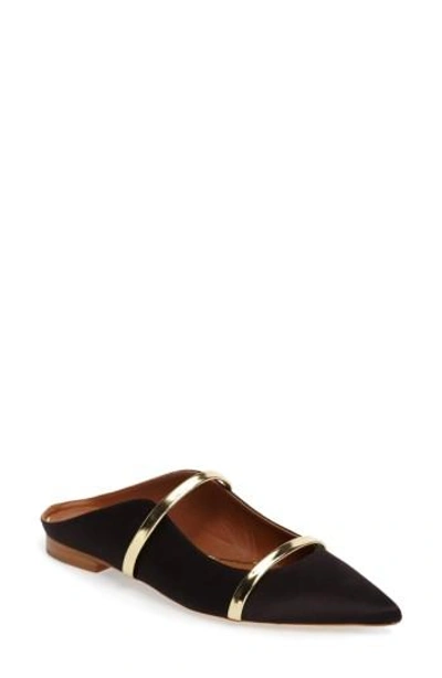 Malone Souliers Maureen Metallic Leather-trimmed Satin Point-toe Flats In Black,platino