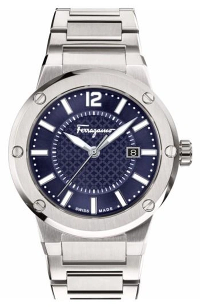 Ferragamo Mens F-80 Stainless Steel Bracelet Watch In Silver/ Blue