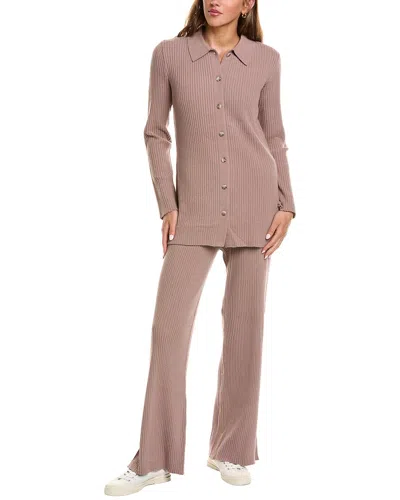 525 America 2pc Rib Cardigan & Pant Set In Brown