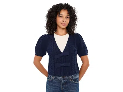 525 America Alexandra All Over Cable Puff Sleeve Bow Cardigan Women's Sweater Dark Blue: Sm, Cotton