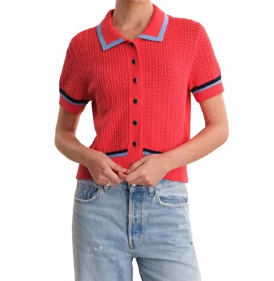 525 America Amy Pointelle Stitch Polo Cardigan In Hibiscus In Red
