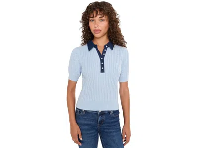 525 America Astor Denim Mix Mini Cable Short Sleeve Pullover Women's Sweater Winter Sky: Xs, Nylon/polyester/vis In Blue