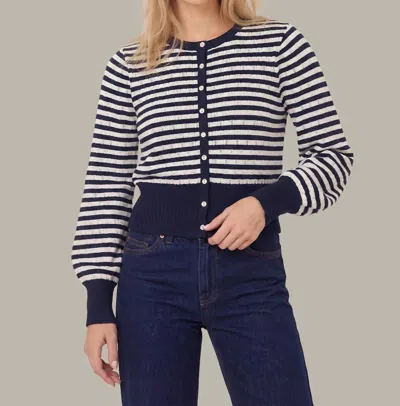 525 America Beckett Striped Pointelle Blouson Sleeve High Rib Cardigan In Dark Blue Combo