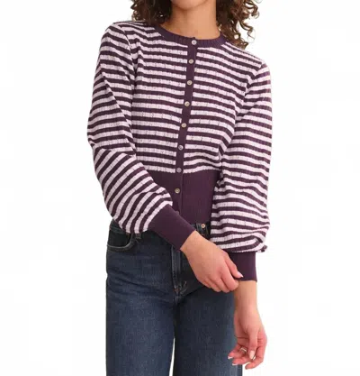 525 America Beckett Striped Pointelle Blouson Sleeve High Rib Cardigan In Italian Plum Combo In Purple