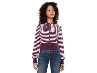 525 America Beckett Striped Pointelle Blouson Sleeve High Rib Cardigan Women's Sweater Italian Plum: Xs, Cotton In Purple