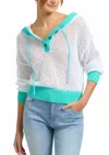 525 America Color Block Henley Crochet Hoodie In Bleach White Multi In White