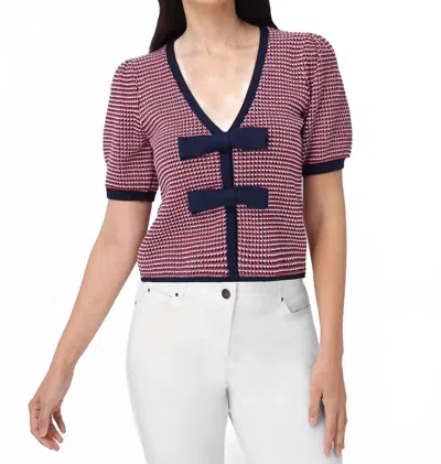 525 America Elaine Puff Sleeve Bow Cardigan In Red Navy In Multi