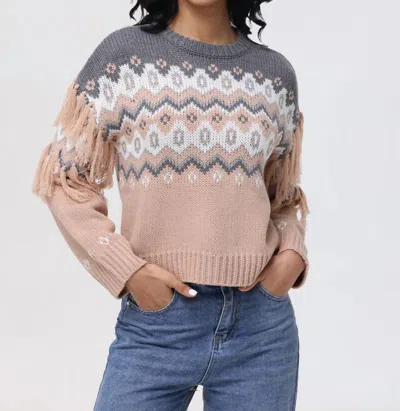 525 America Fringe Fair Isle Sweater In Light Taupe Multi In Pink
