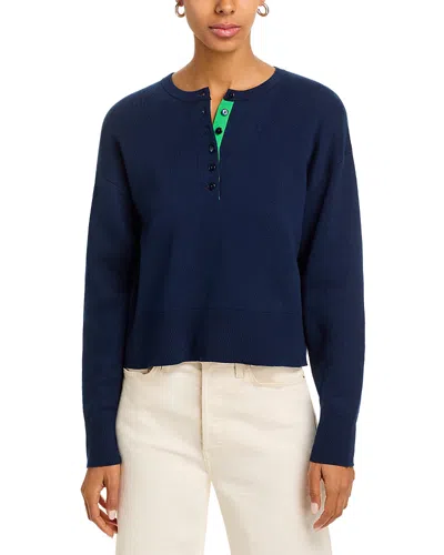 525 America Genevieve Solid Drop Shoulder Henley Sweater In Blue