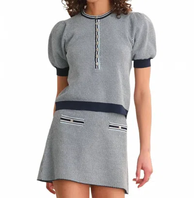 525 America Grayson Tweed Like Puff Sleeve Henley Sweater In Dark Blue Combo