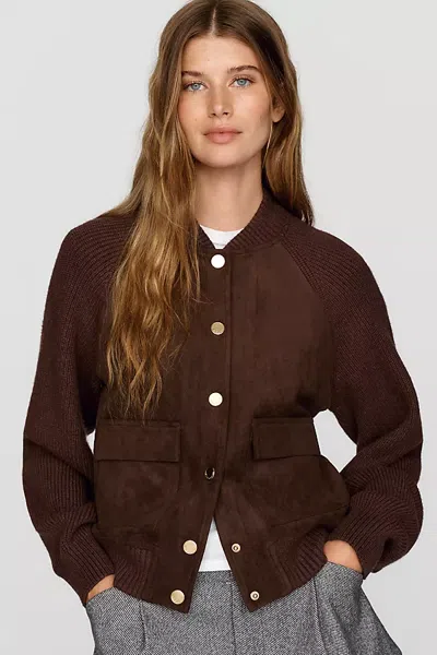 525 America Josephine Faux Suede & Ribbed Knit Bomber Cardigan In Brown