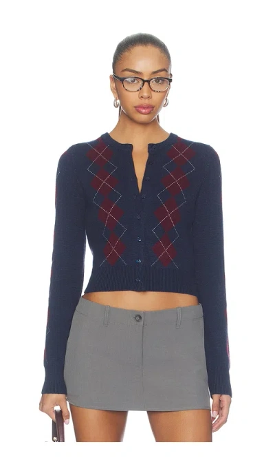 525 America Serena Intarsia Argyle Cardigan In Dark Blue Combo